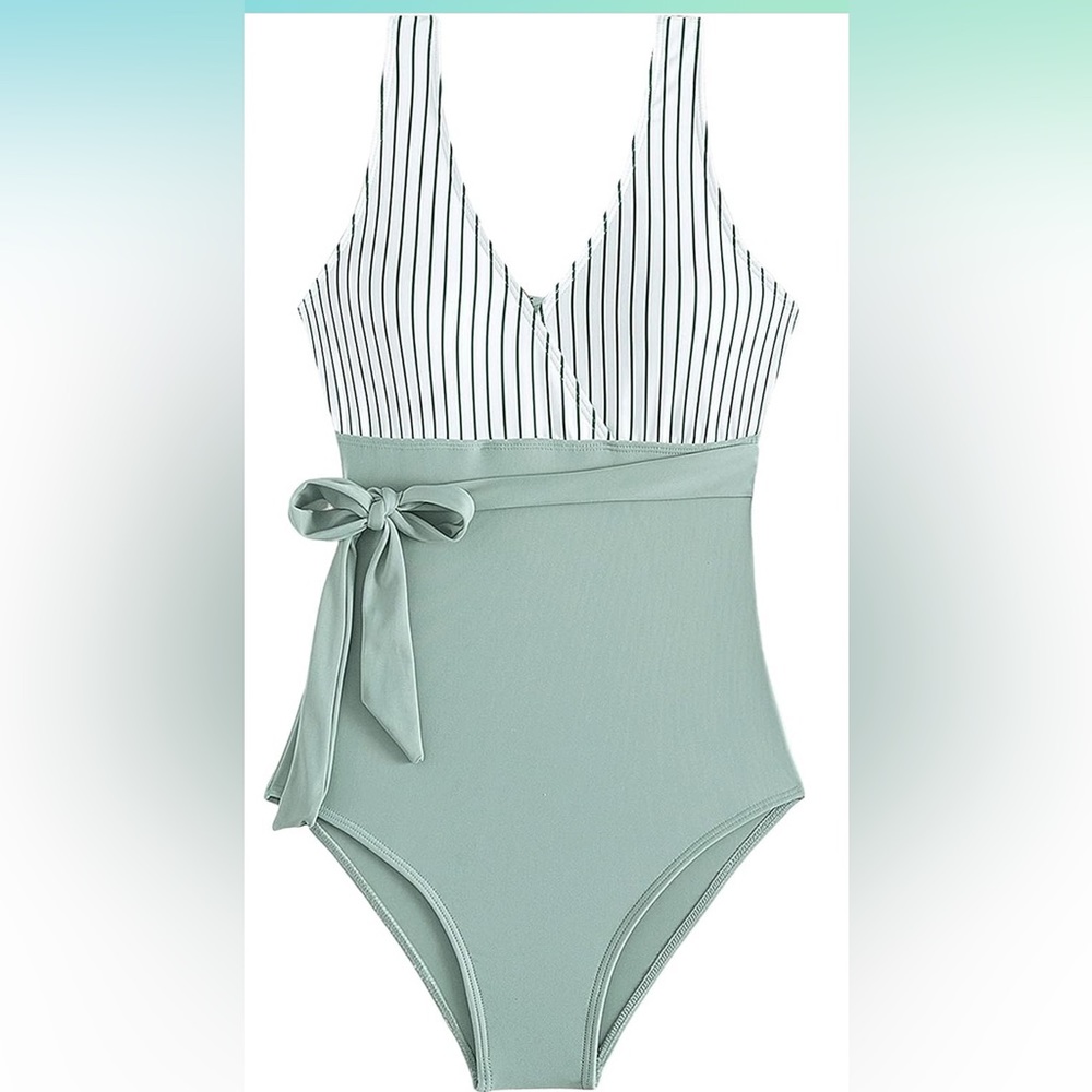 SweatyRocks Women's One Piece V Neck Tie Front Color Block Swimsuit New